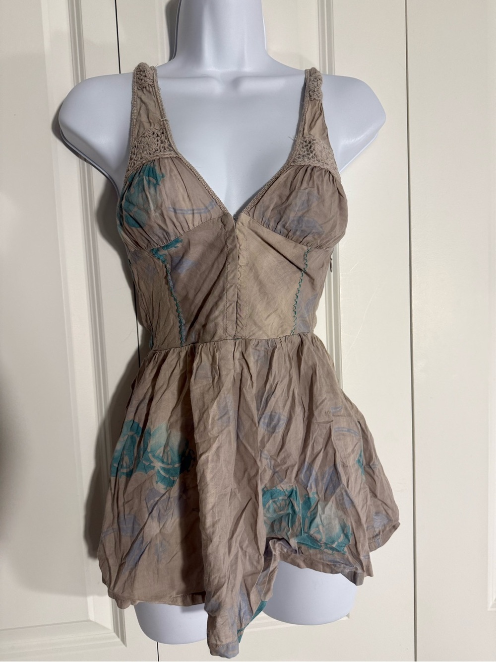 Free People Taupe Top with Teal Floral Accents